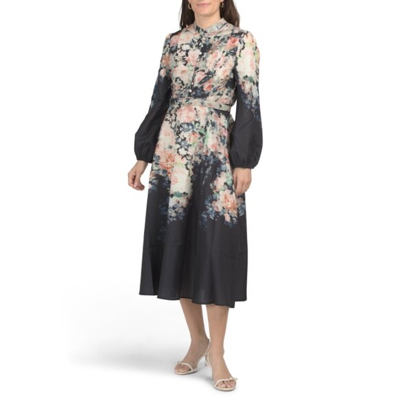 NANCY YANG Black Belted Floral Midi Dress